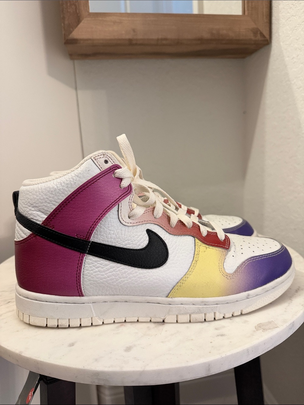 Nike High-Top Dunk Sneakers in White, Pink, Yellow, Purple with Black Swoosh